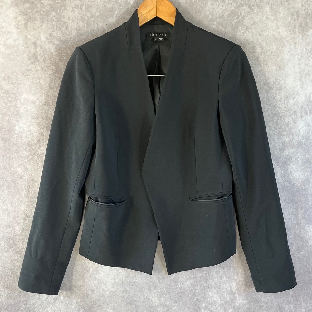 Theory Open Front Blazer Womens 4 Black Collarless‎ Tailored Made in USA